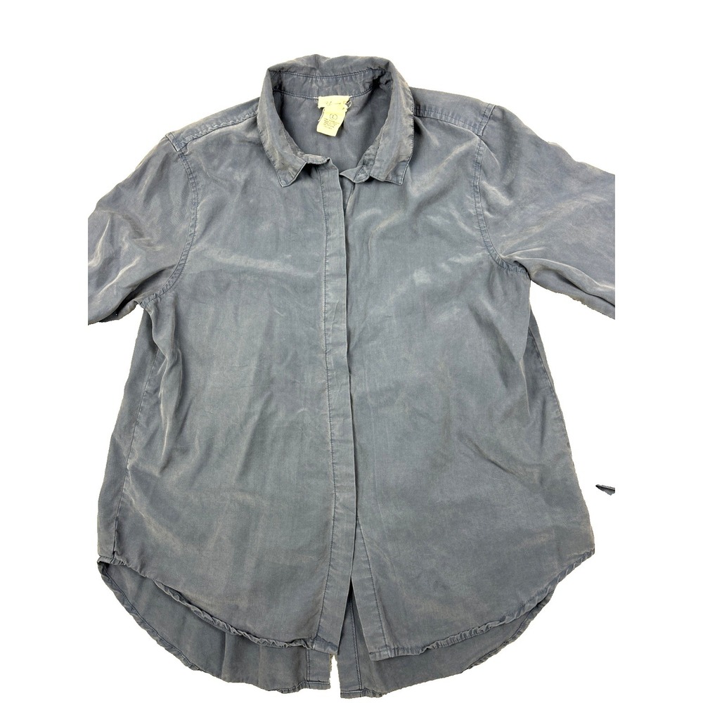 AJ Andrea Jovine Blouse Large Full Button Long Sleeve‎ Blue Silky Classic